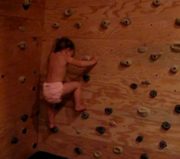 22-Month-Old Toddler bouldering up a homemade climbing wall